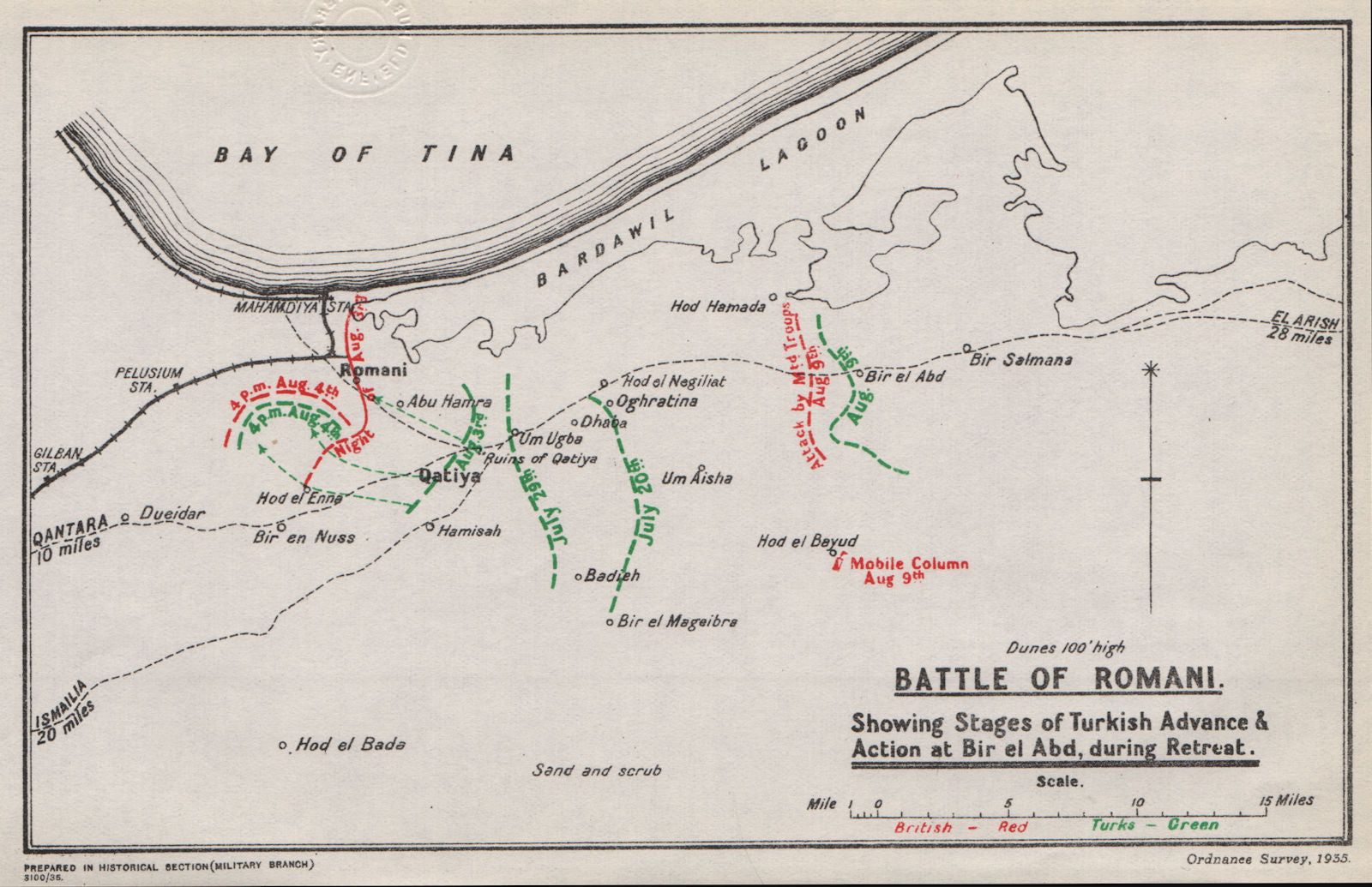 FIRST WORLD WAR. Battle of Romani. Egypt. British & Turkish positions 1935 map